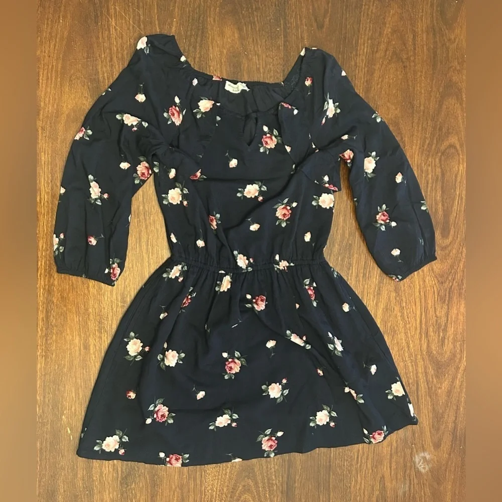 abercrombie kids Navy Floral Off-Shoulder Dress with Pink Roses with pockets
